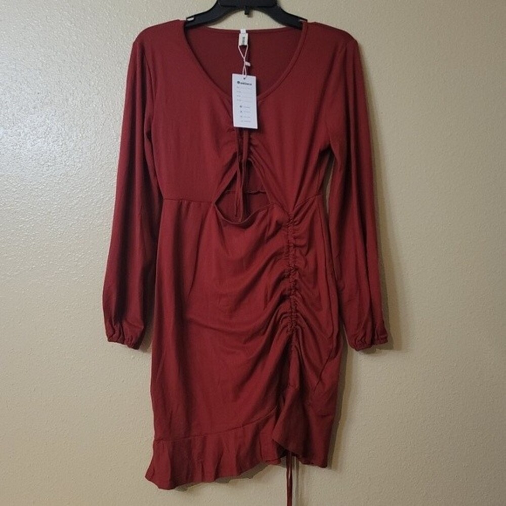 Red Long Sleeves Mini Dress Ruching and Cutout accent Size Medium
